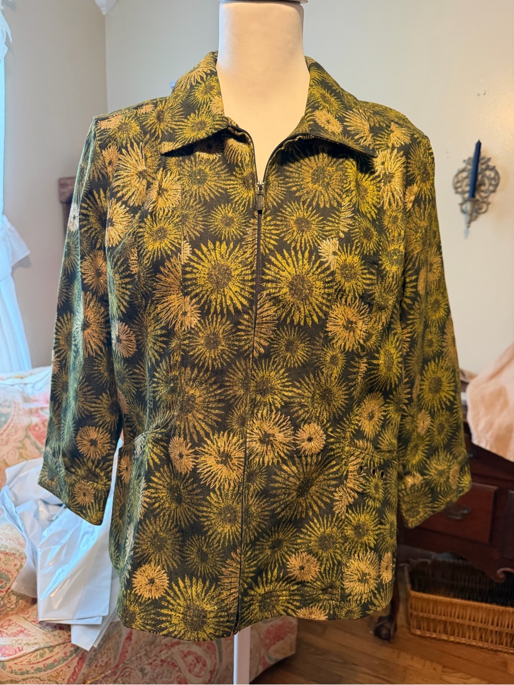 Christopher & Banks Olive Green Floral Zip Jacket